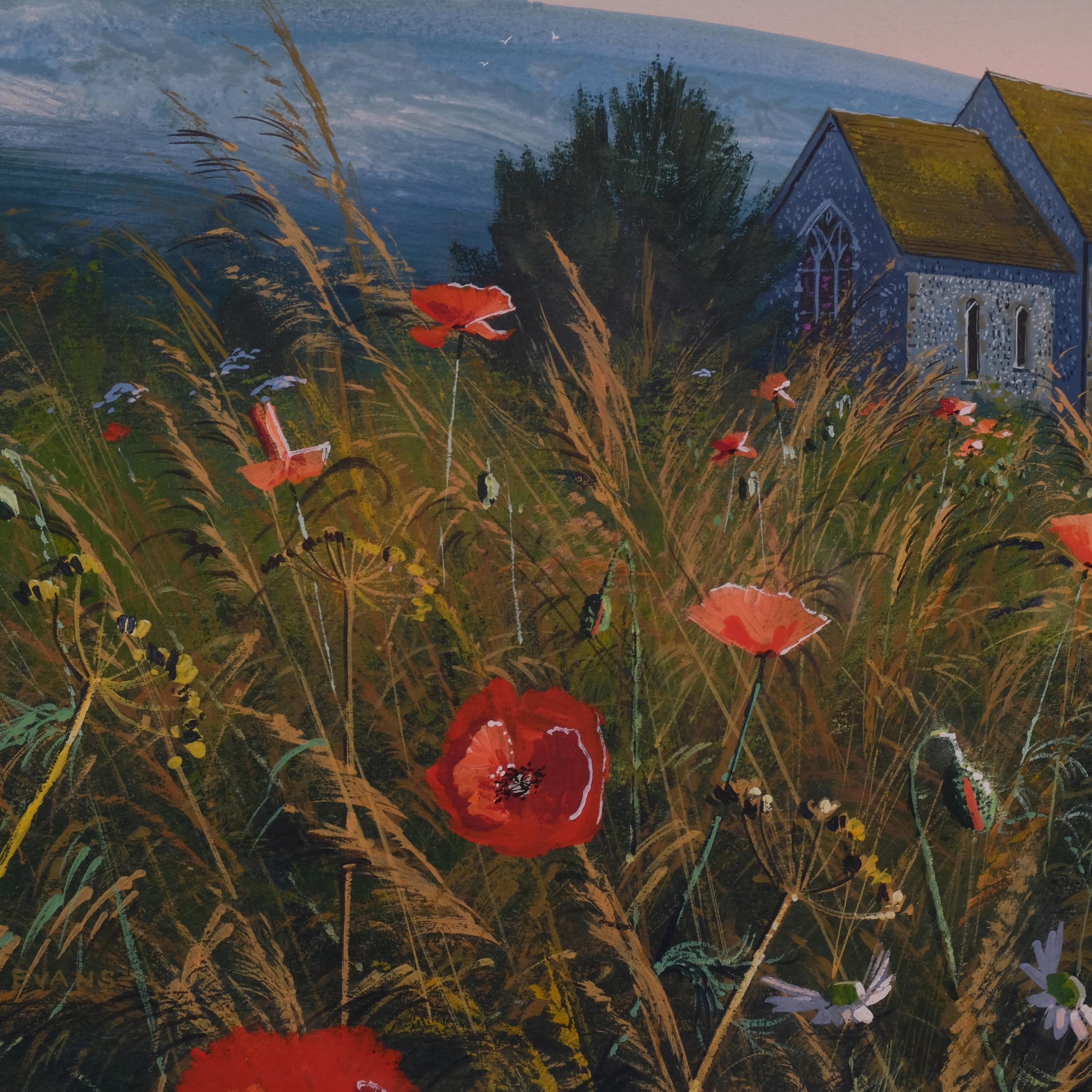 Paul Evans, Poppies and Downs Westmeston near Ditchling, gouache, 22cm x 28cm, framed Good condition - Image 3 of 4