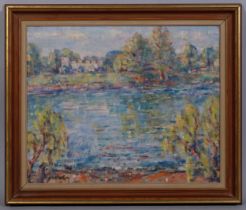 Frank Budgen (1882 - 1971), impressionist scene of Syon House on the Thames, mid-20th century oil on