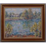 Frank Budgen (1882 - 1971), impressionist scene of Syon House on the Thames, mid-20th century oil on