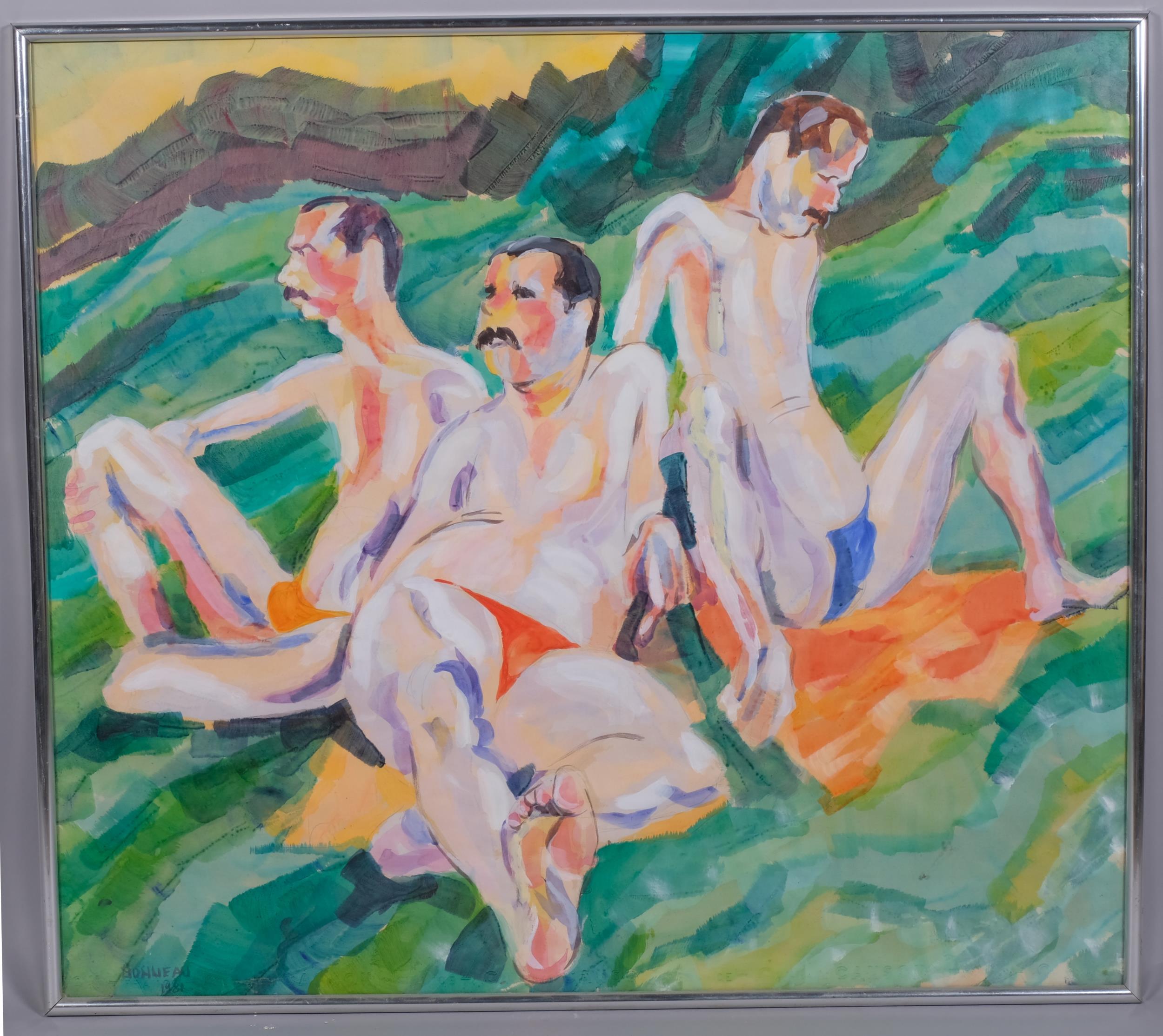 Bonneau, sunbathers, watercolour, signed and dated 1981, 74cm x 84cm, framed and glazed Good
