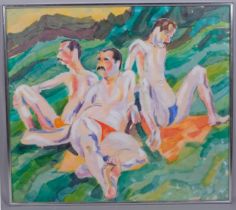 Bonneau, sunbathers, watercolour, signed and dated 1981, 74cm x 84cm, framed and glazed Good