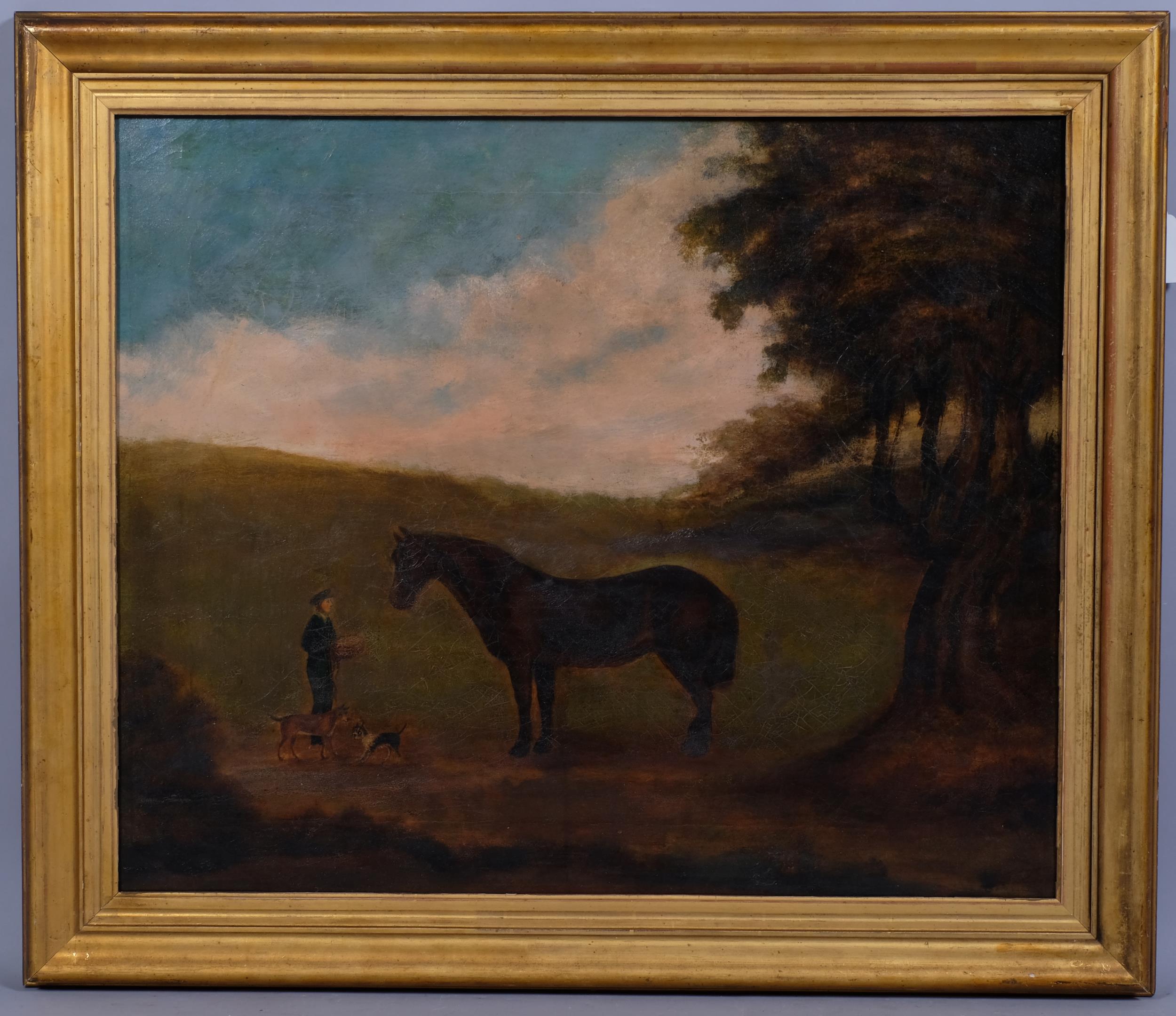 Nineteenth Century English Provincial Naïve School, oil on canvas, Horse with Dogs, 48cm x 59 cm