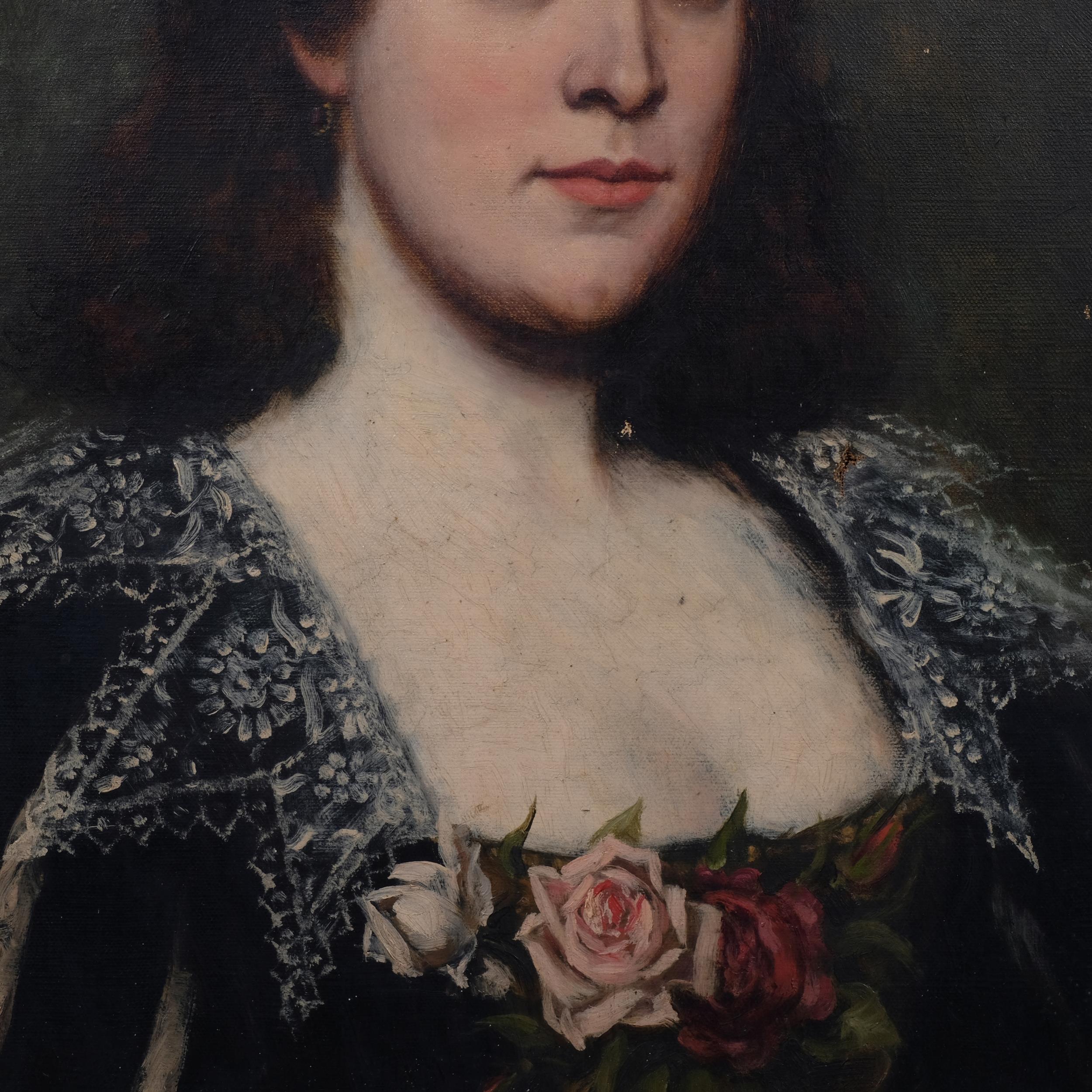 Portrait of a young woman, 19th century Continental oil on canvas, indistinctly signed, 53cm x 44cm, - Image 3 of 4