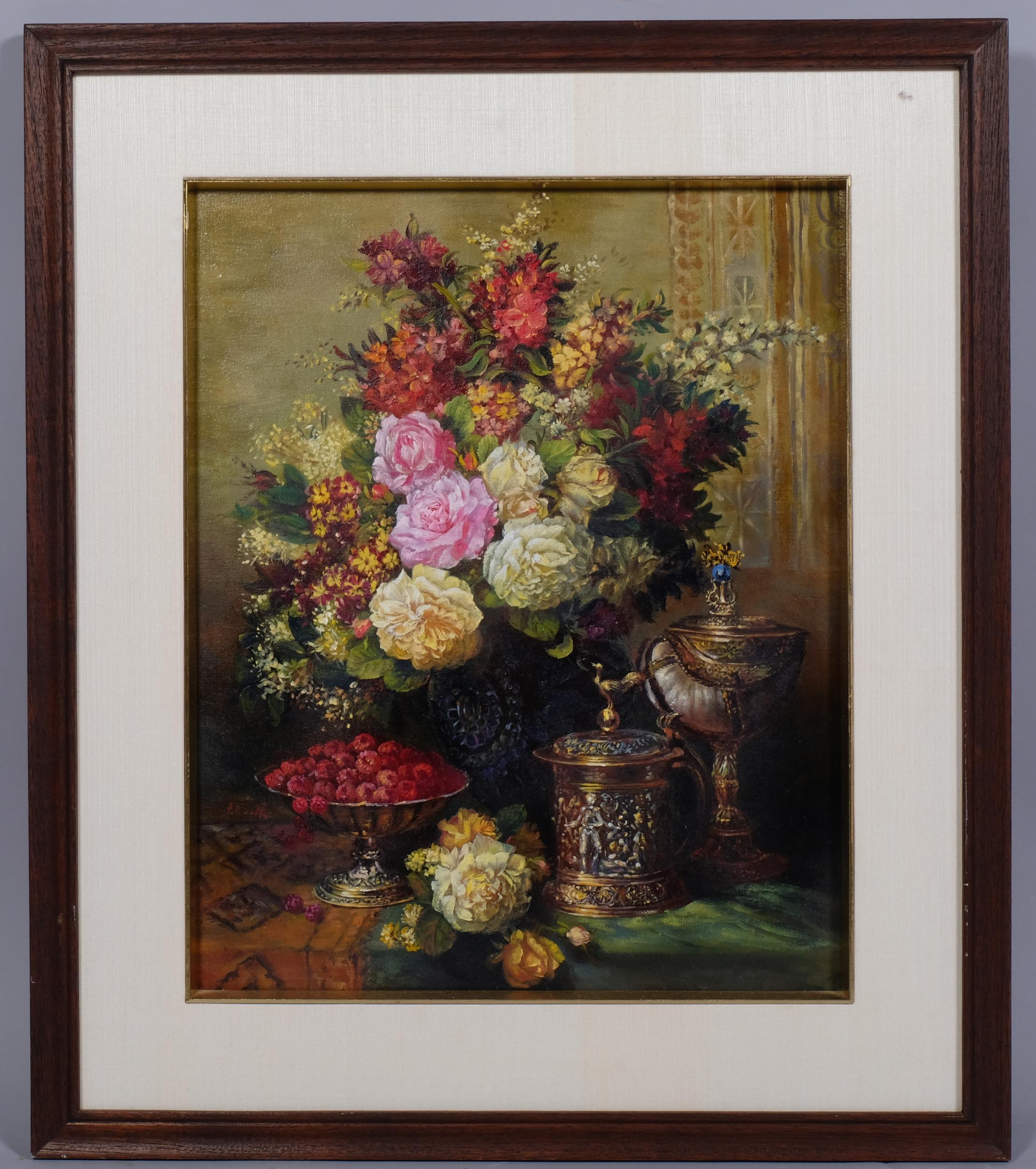 Dutch style still life flower study, contemporary oil on canvas, indistinctly signed, 41cm x 33cm, - Image 2 of 4