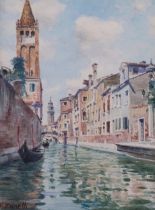 Vittore Zanetti Zilla (1864-1946), watercolour on paper, Venetian canal with gondolas, signed