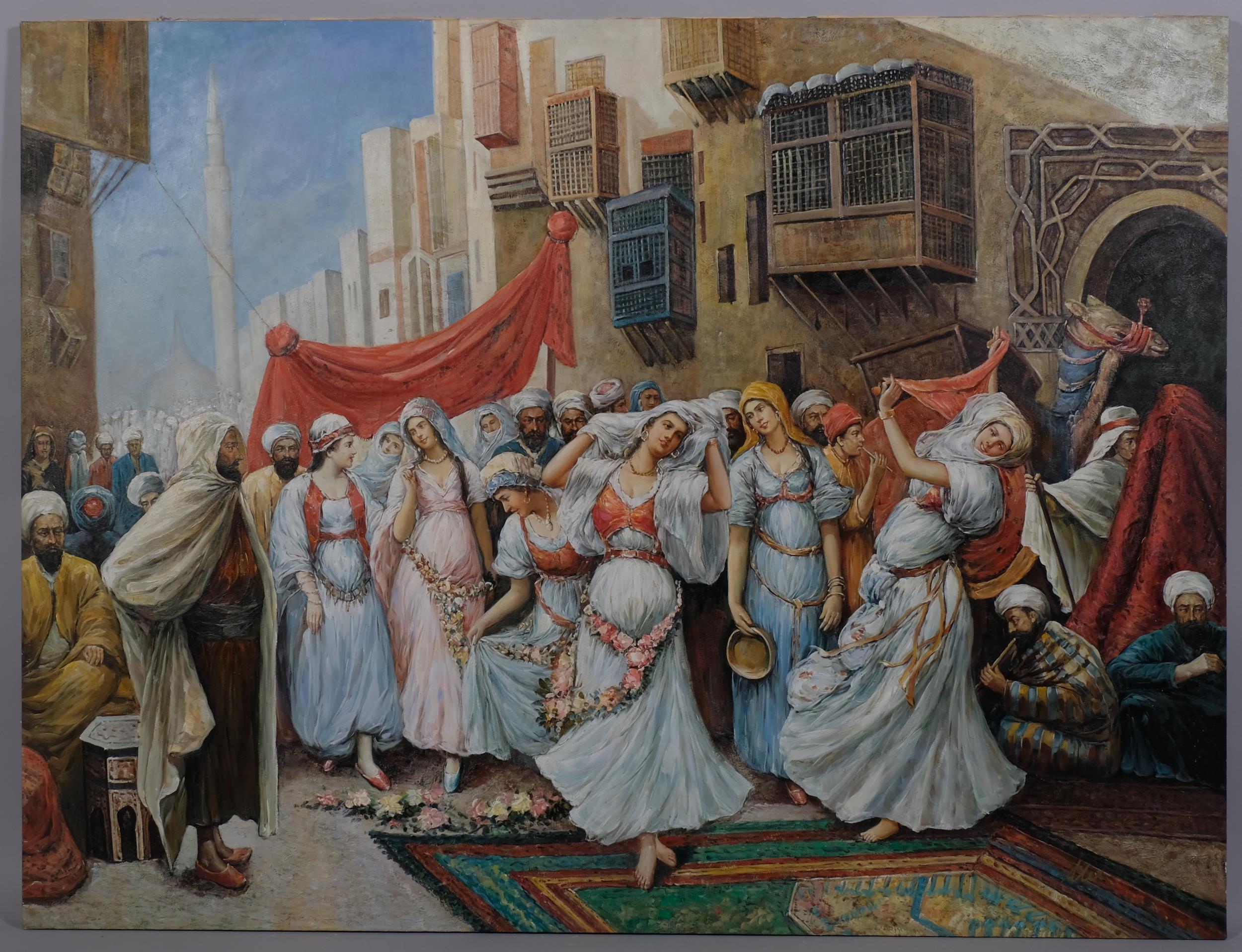 Middle Eastern street celebrations, contemporary oil on canvas, unsigned, 94cm x 124cm, unframed