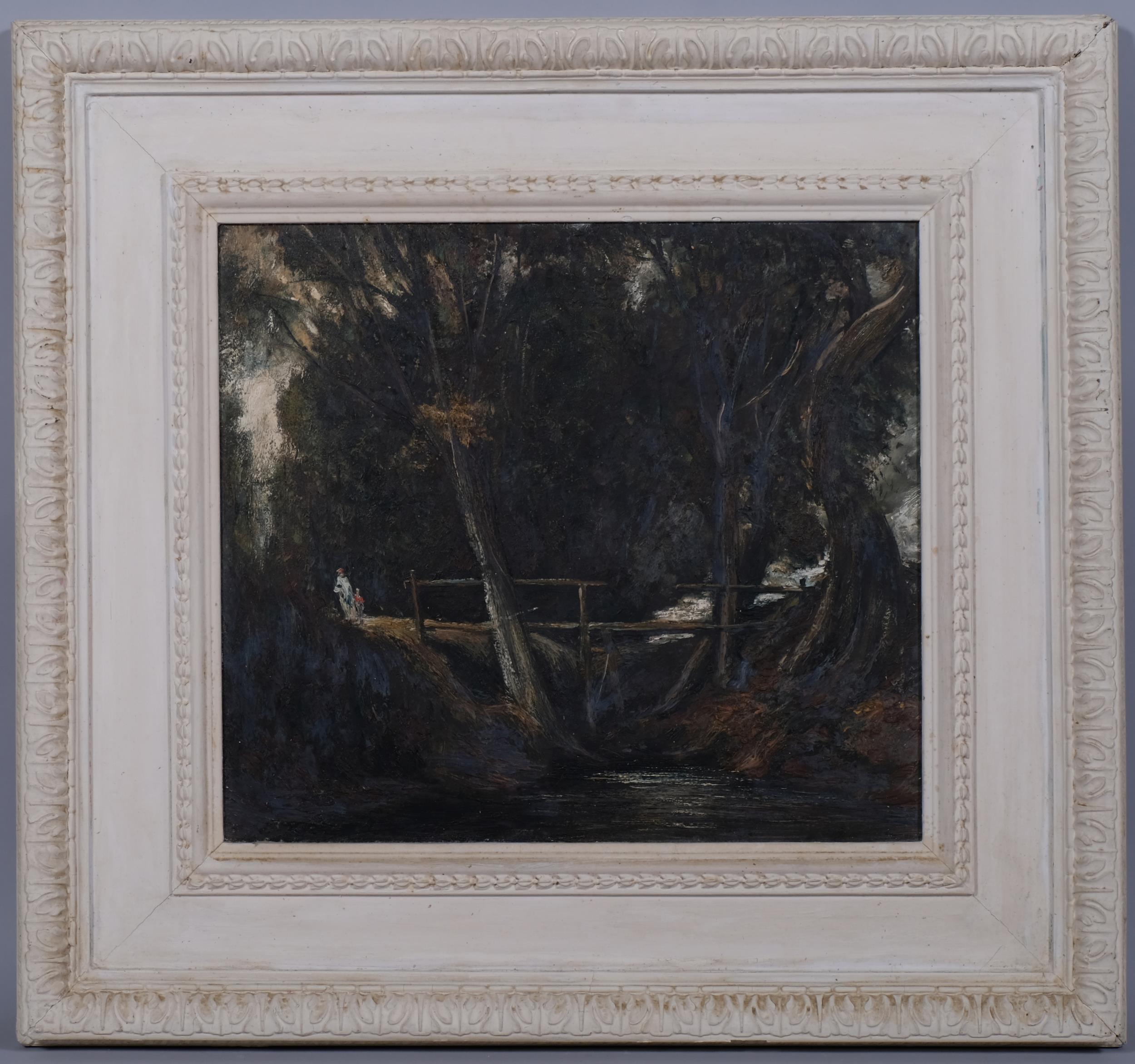 Figures by an old wooden bridge, early 20th century oil on board, unsigned, 39cm x 43cm, framed Good