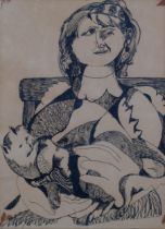 A Epstein, modernist portrait, woman with cat, pen and ink on paper, indistinctly signed, 33cm x