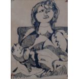 A Epstein, modernist portrait, woman with cat, pen and ink on paper, indistinctly signed, 33cm x