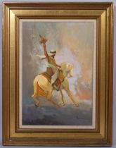 20th century Middle Eastern School, Arab falconer on horseback, oil on canvas, indistinctly