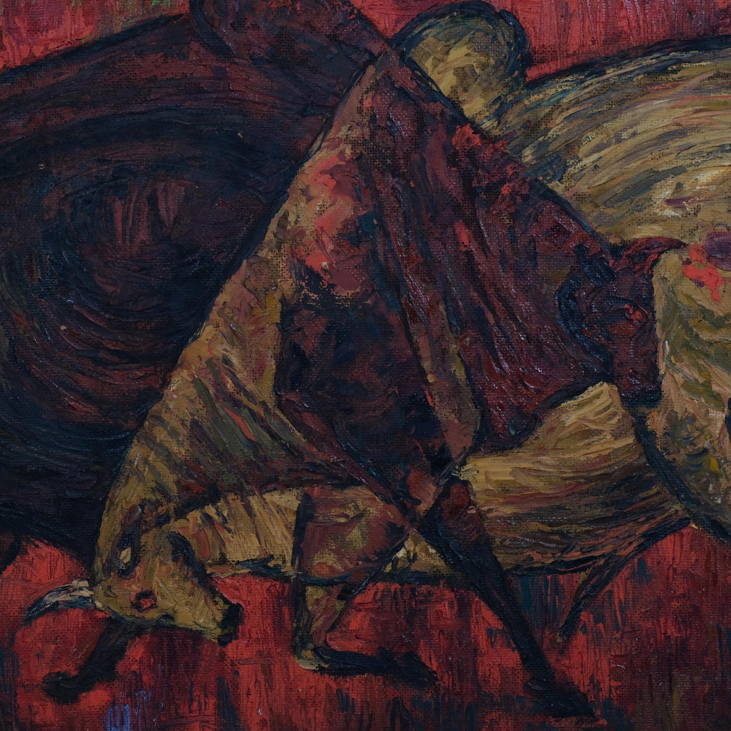 Ram Yadekar (Indian movie/art director), abstract bulls, oil on board, signed and dated 1963, 46cm x - Image 2 of 4