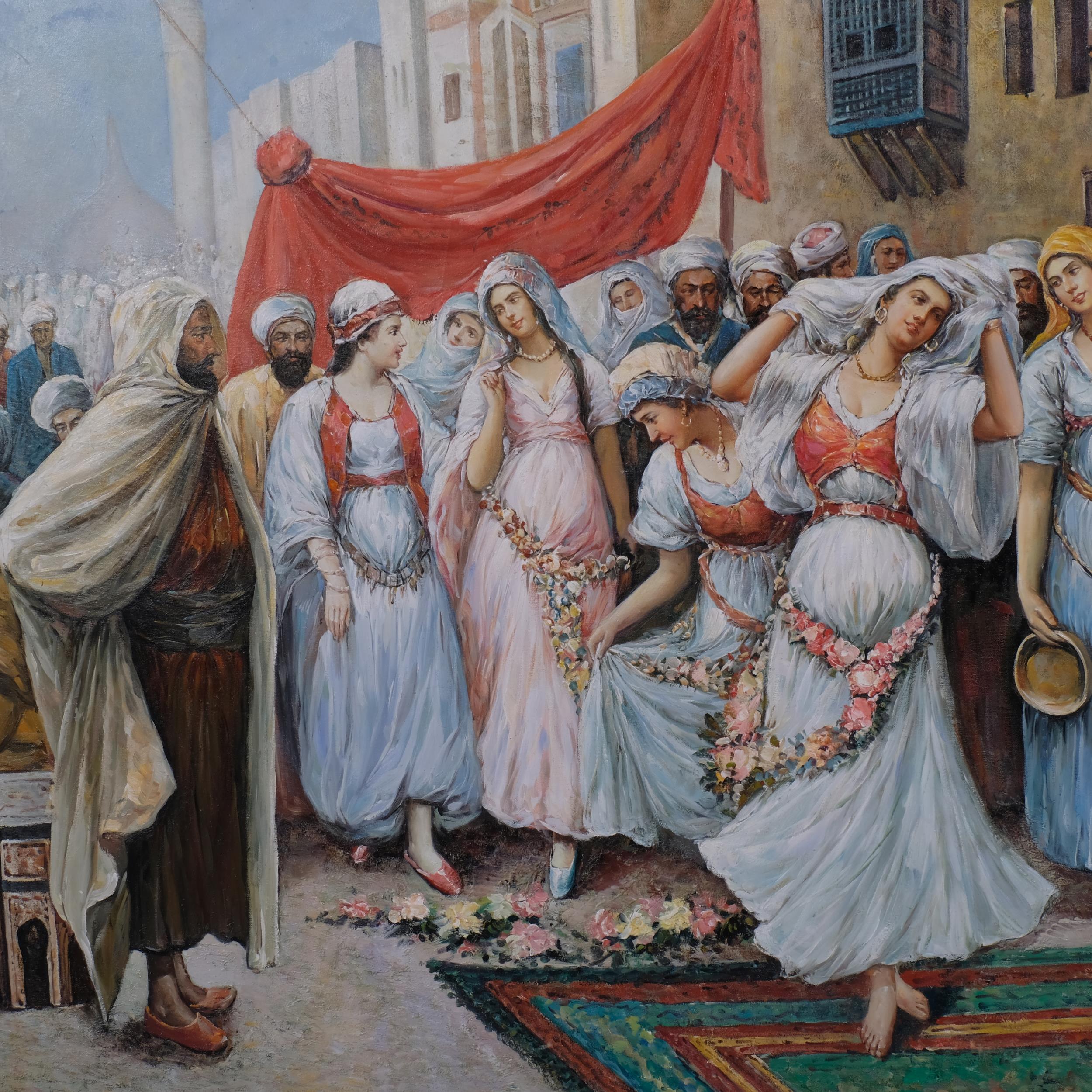 Middle Eastern street celebrations, contemporary oil on canvas, unsigned, 94cm x 124cm, unframed - Image 2 of 4