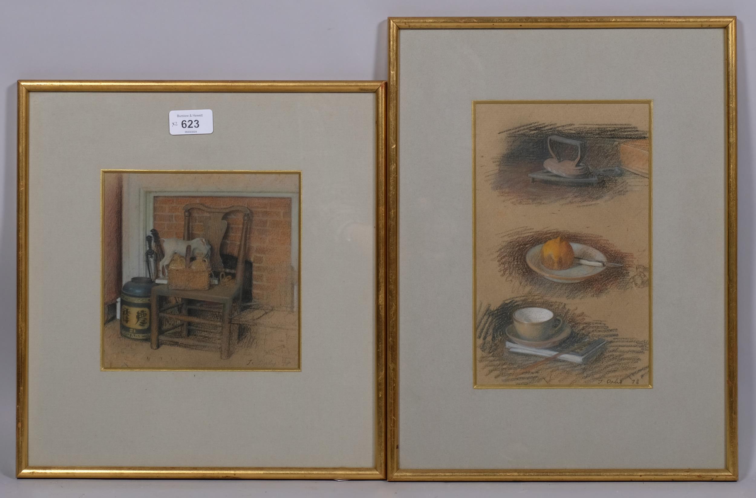 Jehan Daly (1918 - 2001), interior still life, 17cm x 17cm, and kitchen still life, 24cm x 15cm,