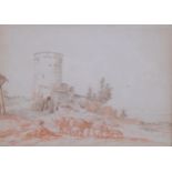 18th century Old Master style sanguine chalk drawing, cattle and herd in landscape, unsigned, 18cm x
