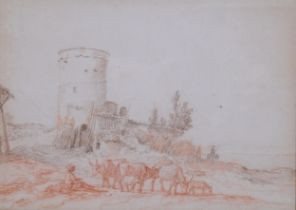 18th century Old Master style sanguine chalk drawing, cattle and herd in landscape, unsigned, 18cm x