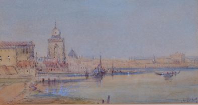 Alfred Vickers, a scene in Venice, watercolour, signed, 19cm x 37cm, framed Very slight paper