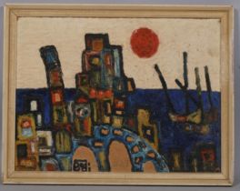 Bodi, abstract townscape, mid-20th century oil on board, signed, 40cm x 51cm, framed Good