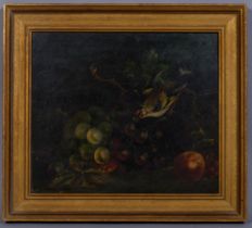 Bird with grapes on a mossy bank, 19th century oil on wood panel, unsigned, 30cm x 34cm, framed Good