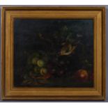 Bird with grapes on a mossy bank, 19th century oil on wood panel, unsigned, 30cm x 34cm, framed Good