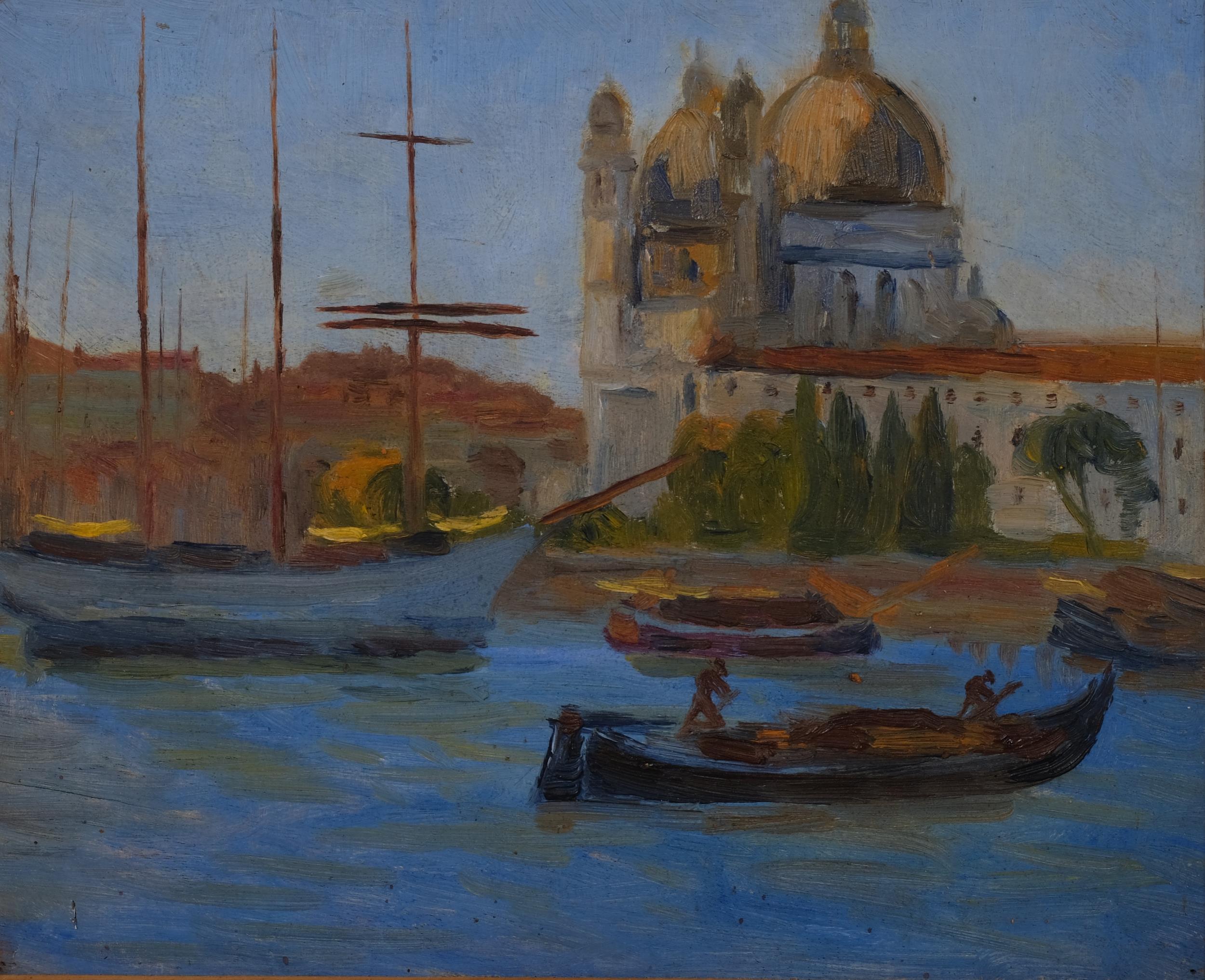 Boats in Venice, mid-20th century oil on board, unsigned, 21cm x 26cm, framed Good condition