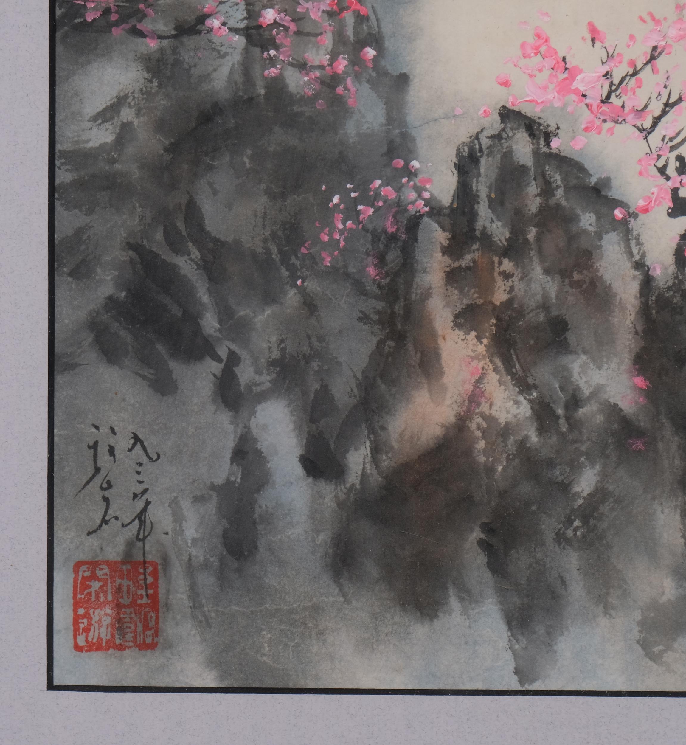 Chinese School, waterfall and blossom, watercolour/ink, signed, 38cm x 31cm, framed Good condition - Image 3 of 4