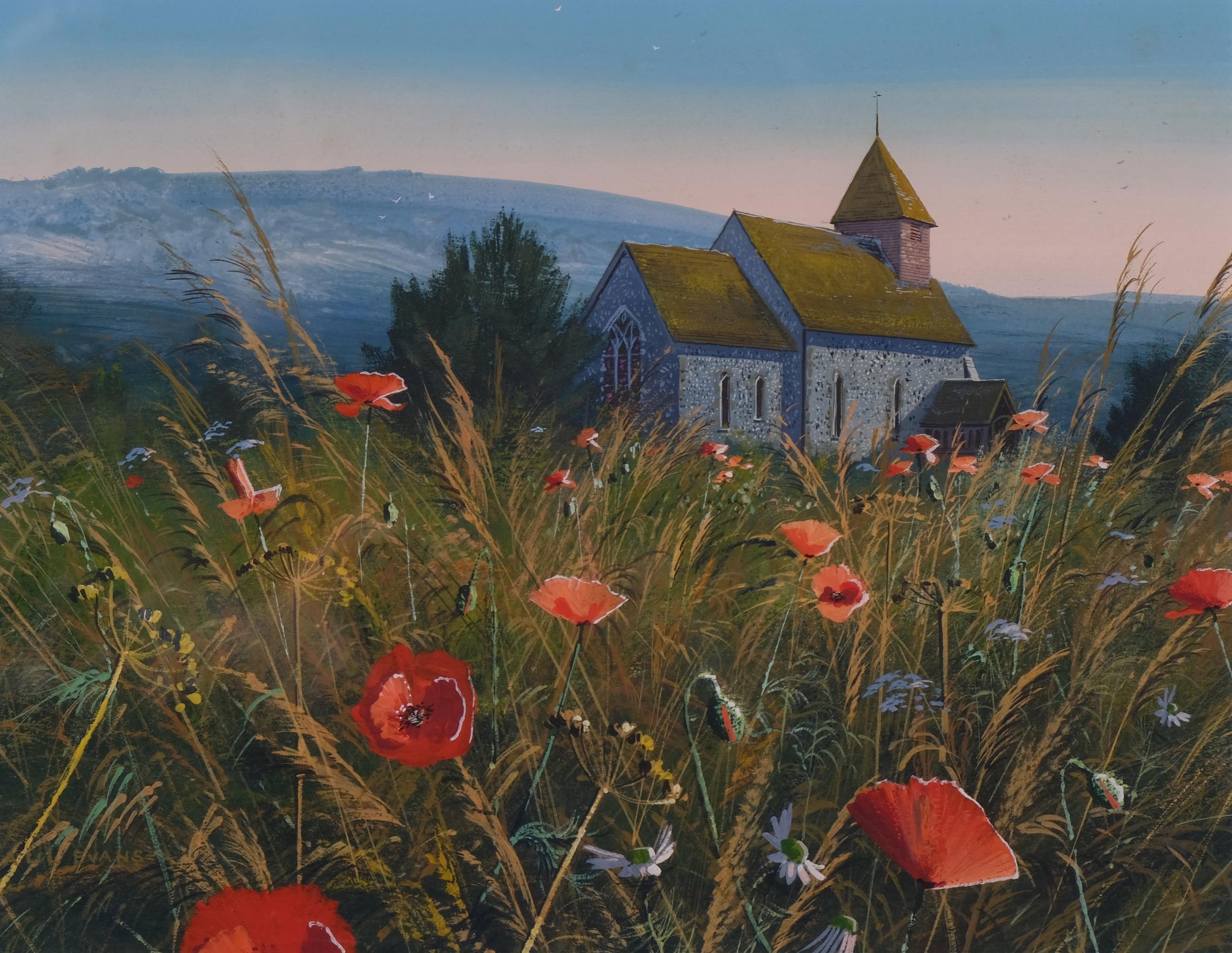 Paul Evans, Poppies and Downs Westmeston near Ditchling, gouache, 22cm x 28cm, framed Good condition