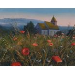 Paul Evans, Poppies and Downs Westmeston near Ditchling, gouache, 22cm x 28cm, framed Good condition