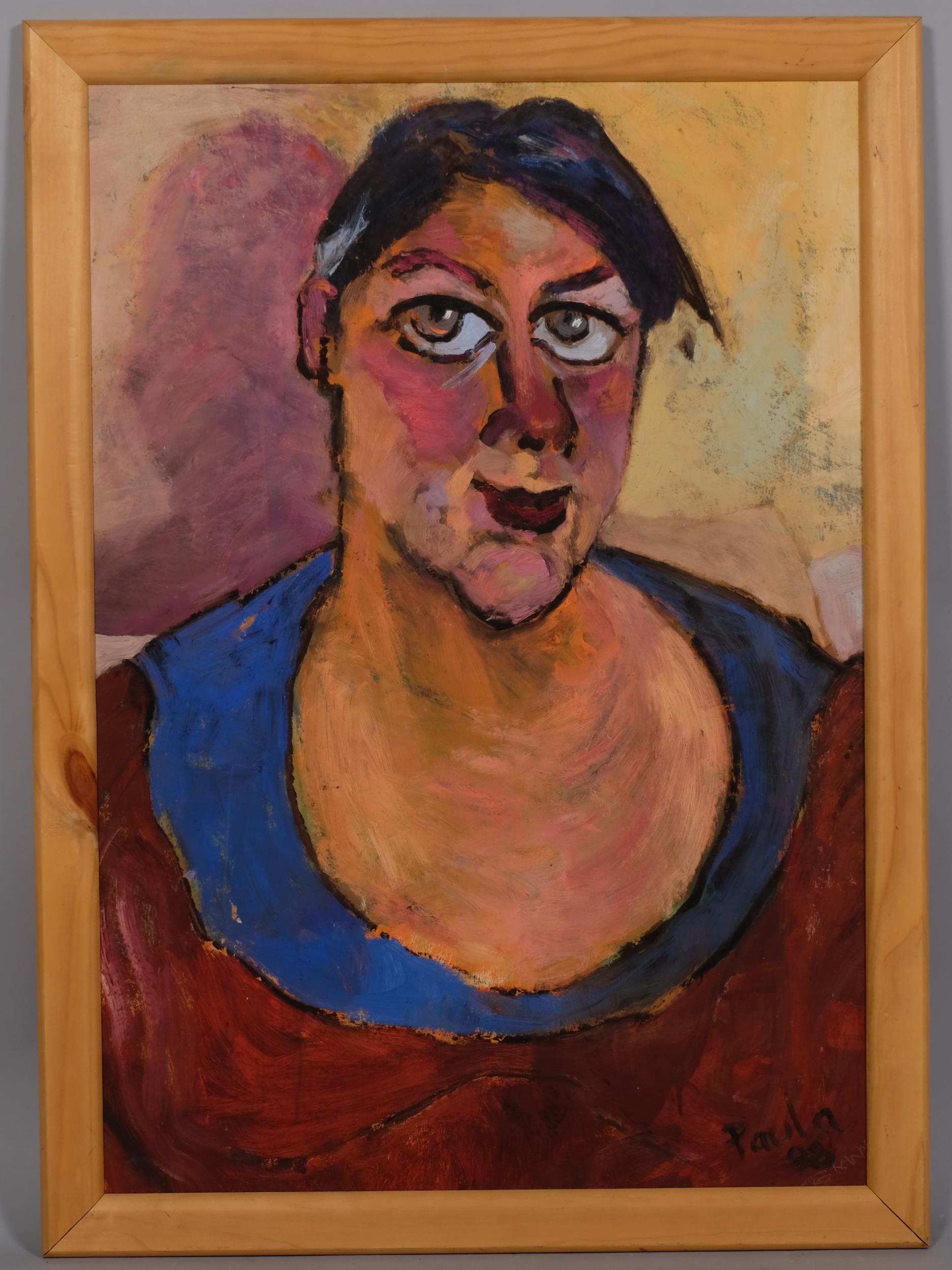 Barbara Karn, portrait of a woman, oil on board, signed and dated 1998, 75cm x 52cm, framed Good