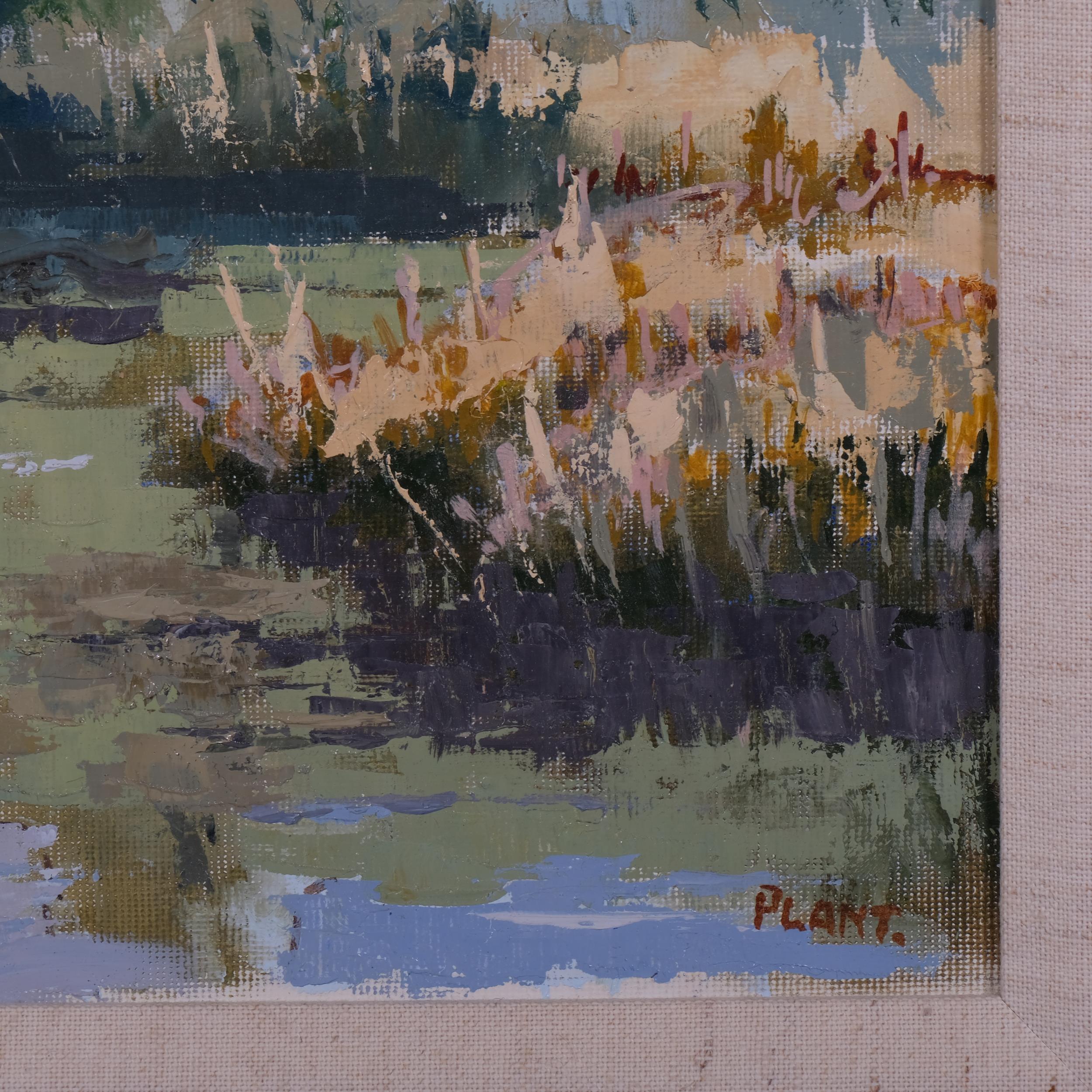 J Plant, the River Wey Guildford, oil on board, signed, 24cm x 34cm, framed Good condition - Image 3 of 4
