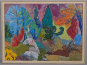 Joan Painter, abstract landscape, mid-20th century gouache/oil on paper, signed, 55cm x 75cm, framed