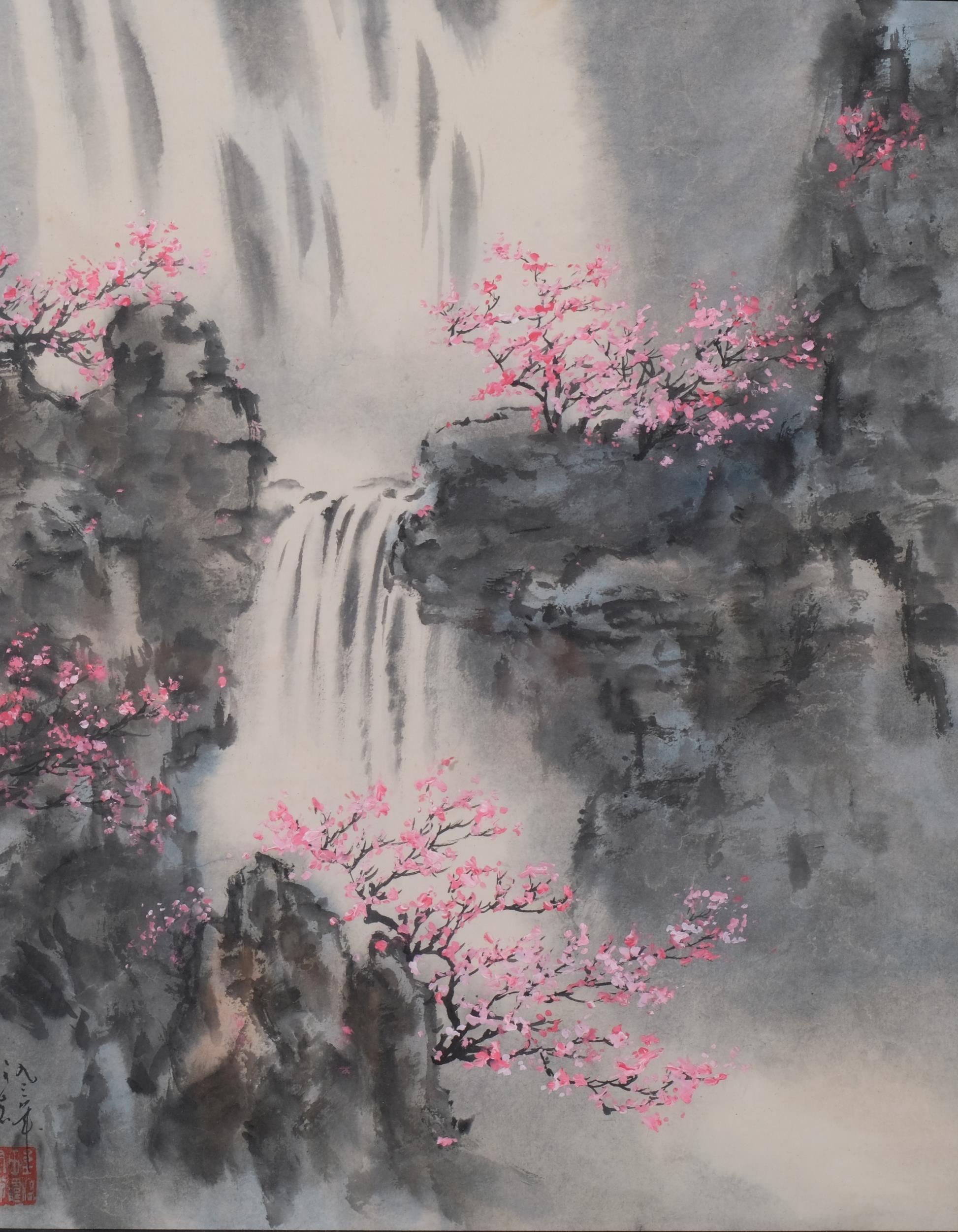 Chinese School, waterfall and blossom, watercolour/ink, signed, 38cm x 31cm, framed Good condition