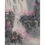 Chinese School, waterfall and blossom, watercolour/ink, signed, 38cm x 31cm, framed Good condition