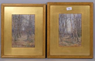 E Davies, 2 woodland scenes, watercolour, signed and dated 1883, 25cm x 17cm, framed Good condition