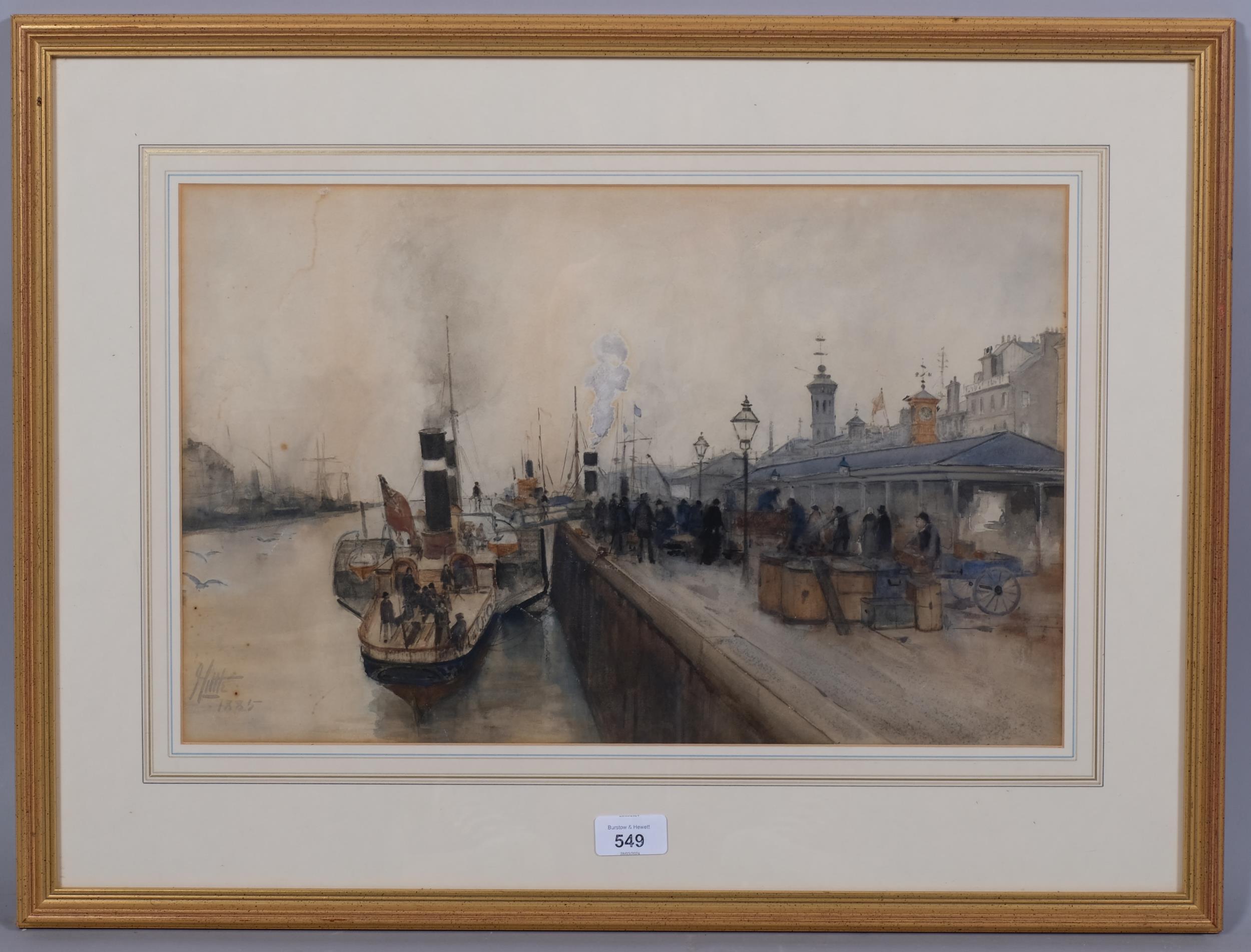 James Little (active 1875 - 1910), passenger quay, watercolour, signed and dated 1885, 29cm x