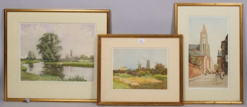 Tatton Winter, watercolour, Surrey Mills, 24cm x 31cm, and 2 coloured etchings by the same artist,