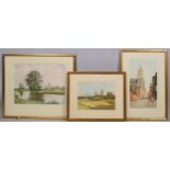 Tatton Winter, watercolour, Surrey Mills, 24cm x 31cm, and 2 coloured etchings by the same artist,