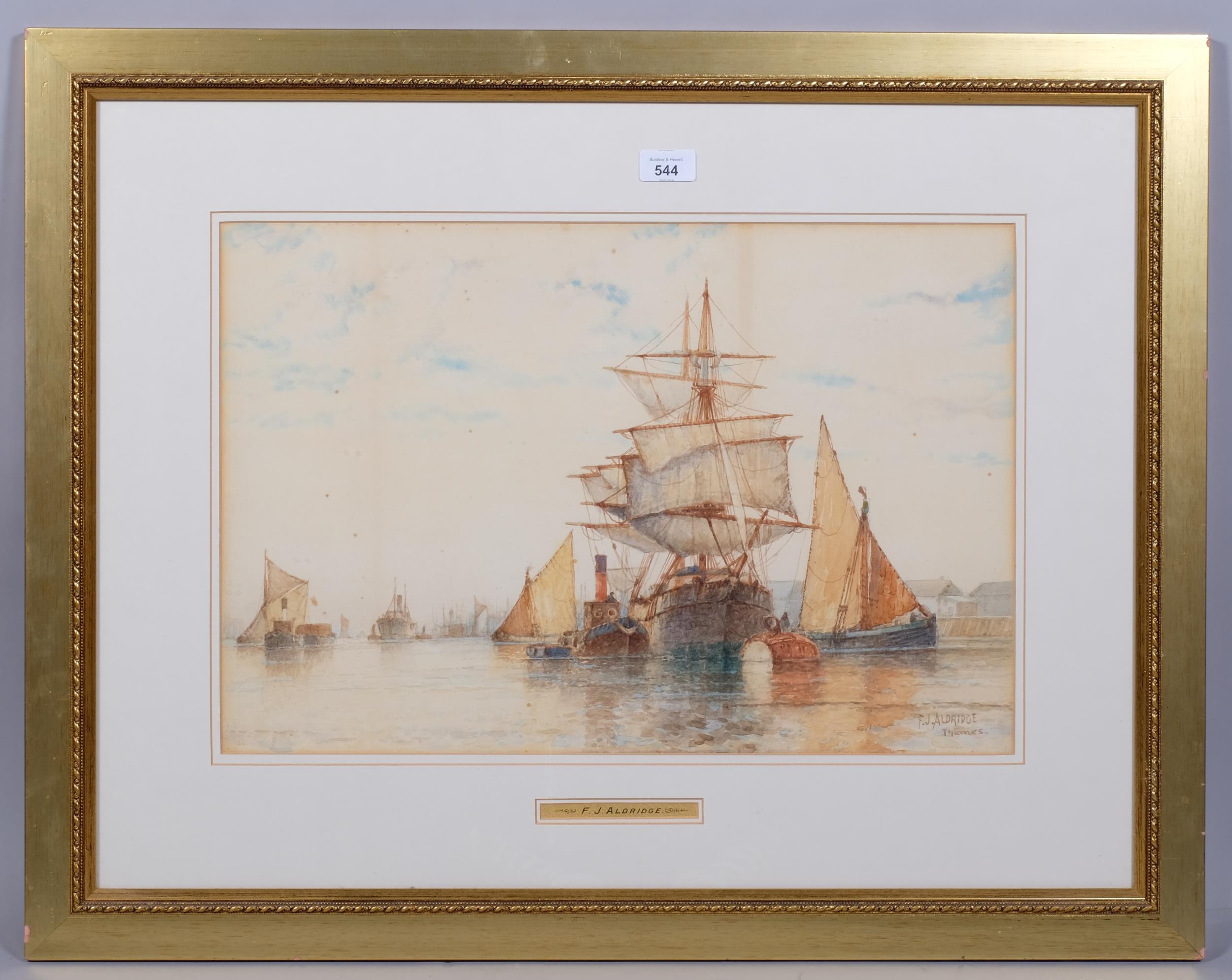 Frederick James Aldridge, shipping on the Thames, watercolour, signed, 36cm x 54cm, framed Foxing