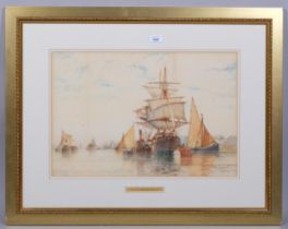 Frederick James Aldridge, shipping on the Thames, watercolour, signed, 36cm x 54cm, framed Foxing