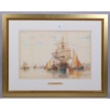 Frederick James Aldridge, shipping on the Thames, watercolour, signed, 36cm x 54cm, framed Foxing