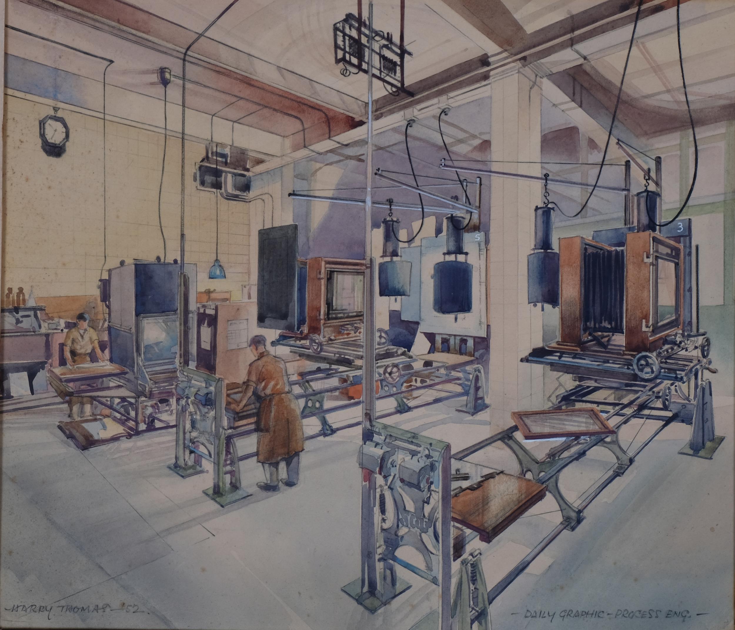 Harry Thomas, Daily Graphic process workshop, watercolour, signed and dated 1952, 26cm x 30cm,