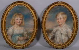 L Hope, pair of portraits of a boy and girl, coloured pastels, signed and dated 1901, 62cm x 46cm,