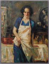 Portrait of a woman wearing an apron, 20th century oil on canvas, indistinctly signed, 61cm x