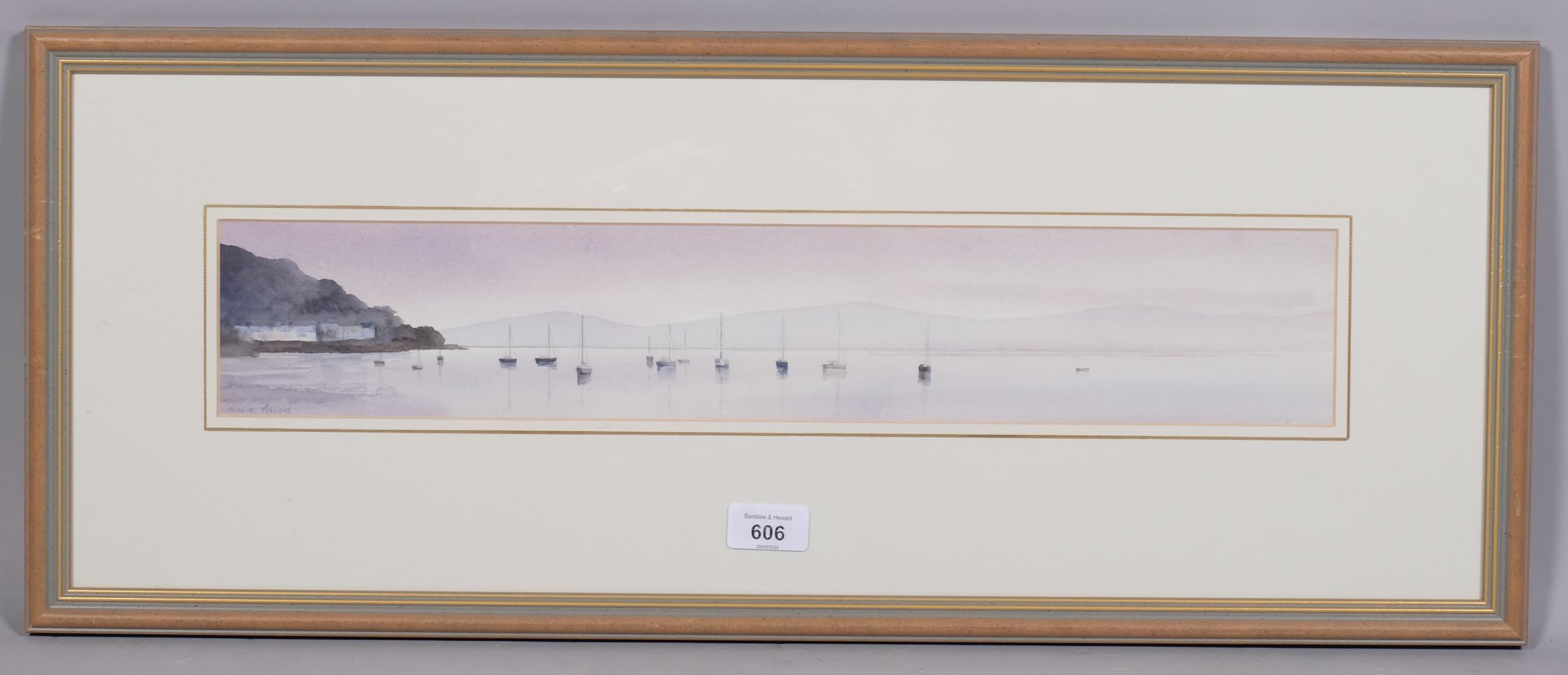 Clare Davis, pair of panoramic coastal scenes, watercolour, signed, 10cm x 53cm, framed Good