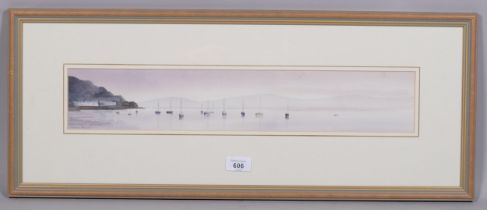 Clare Davis, pair of panoramic coastal scenes, watercolour, signed, 10cm x 53cm, framed Good