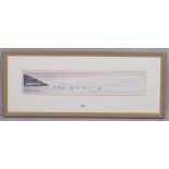 Clare Davis, pair of panoramic coastal scenes, watercolour, signed, 10cm x 53cm, framed Good