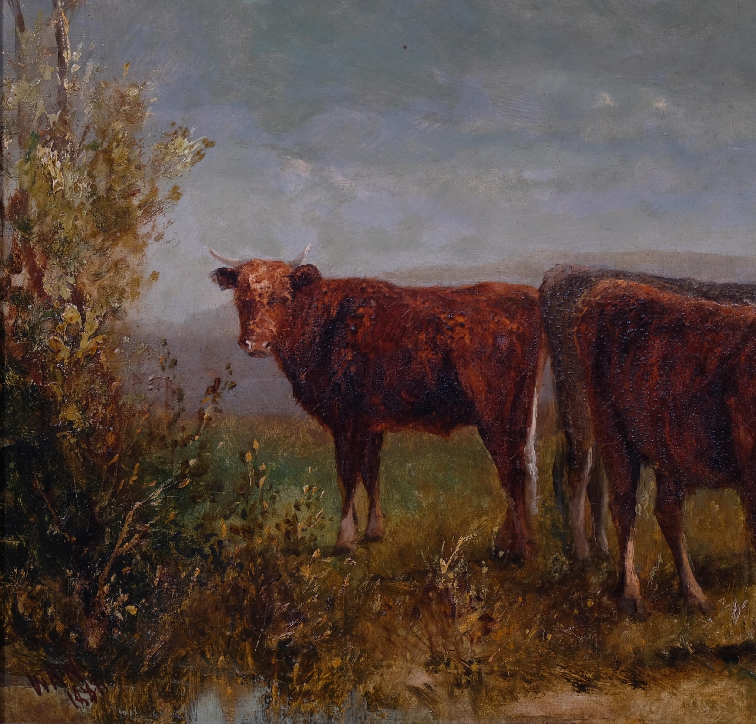 W Renthall Hill, cattle and sheep in landscapes, pair of 19th century oils on canvas, signed with - Image 3 of 4