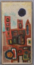 Bodi, abstract townscape, mid-20th century oil on board, signed, 62cm x 29cm, framed Good