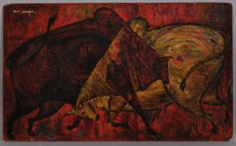 Ram Yadekar (Indian movie/art director), abstract bulls, oil on board, signed and dated 1963, 46cm x