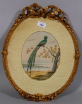 19th century study of an exotic bird, watercolour/applique, unsigned, in ornate gilt-gesso ribbon