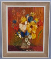 Still life flower study, mid-20th century oil on board, unsigned, 50cm x 40cm, framed Good condition